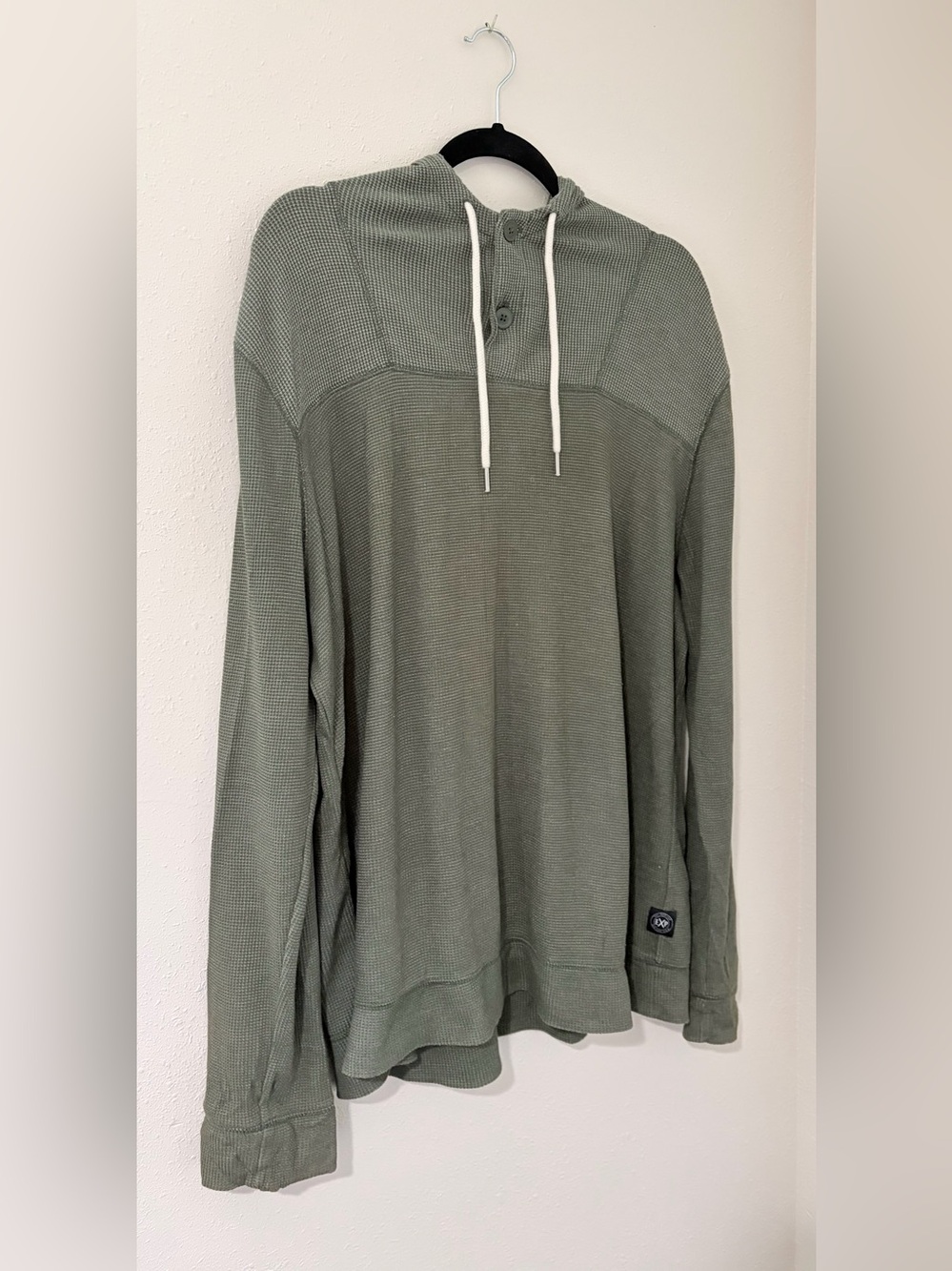 Express Olive Green Waffle Knit Hooded Henley Sweatshirt